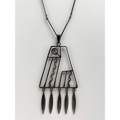 Israel Jewelry Oxidized Sterling Silver Israel Abstract Modernist Pendant Necklace 1960&