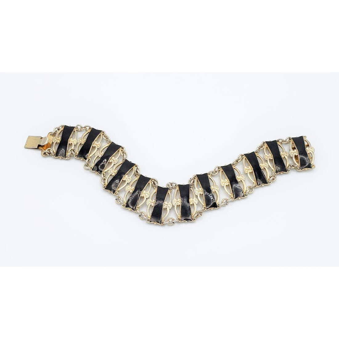 Ivar Holth Jewelry Ivar Holth Norway Sterling &amp; Black Enamel Art Deco Panel Link Bracelet 1940s