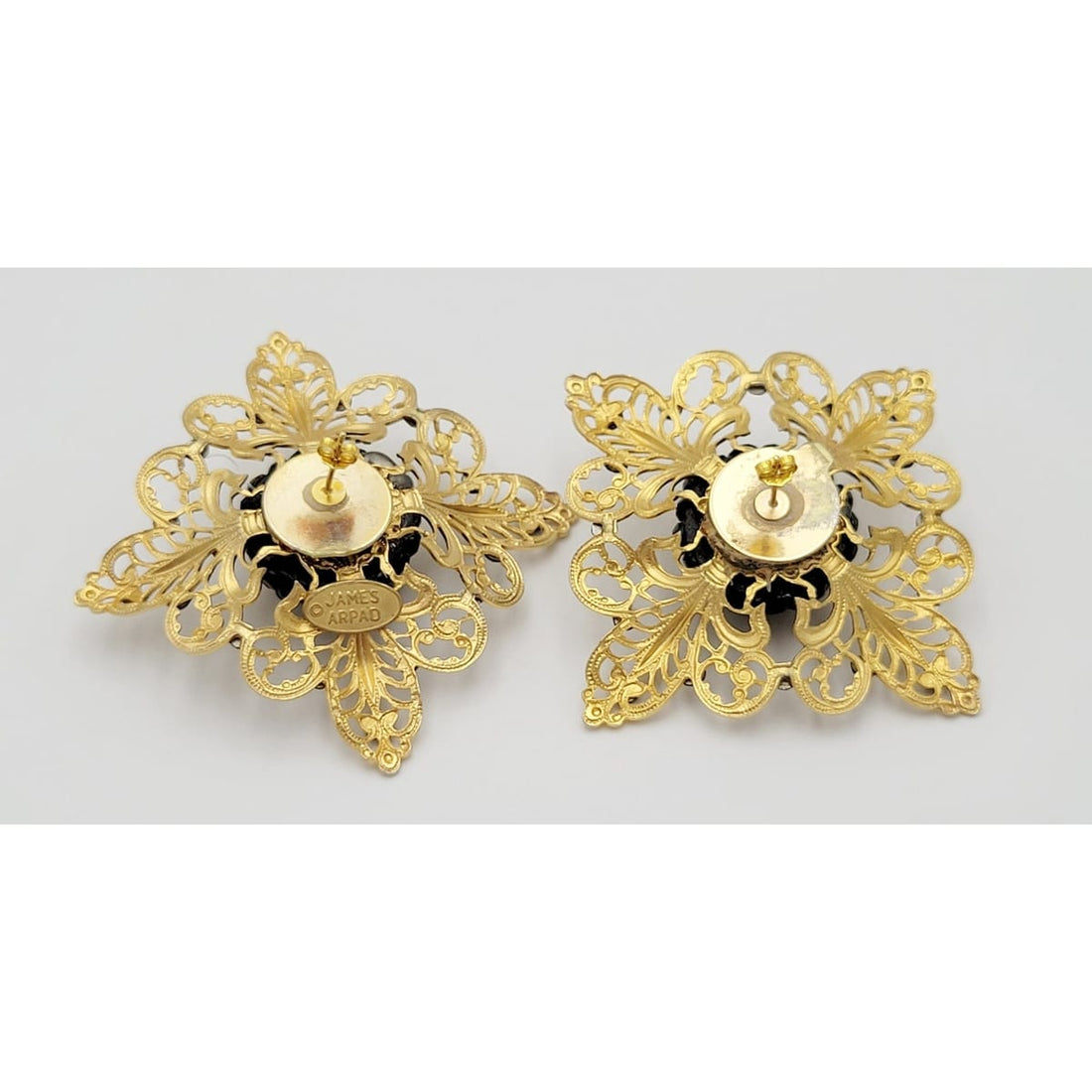 James Arpad Jewelry James Arpad France Gold &amp; Black Crystals Flower Couture Runway Earrings 1980s