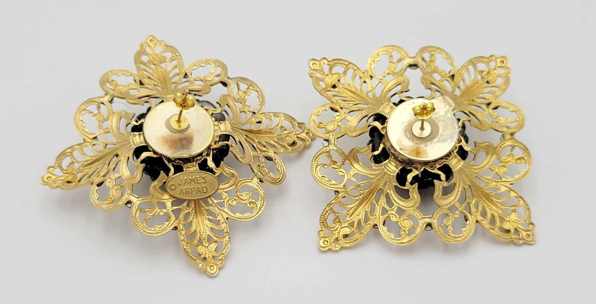 James Arpad Jewelry James Arpad France Gold & Black Crystals Flower Couture Runway Earrings 1980s