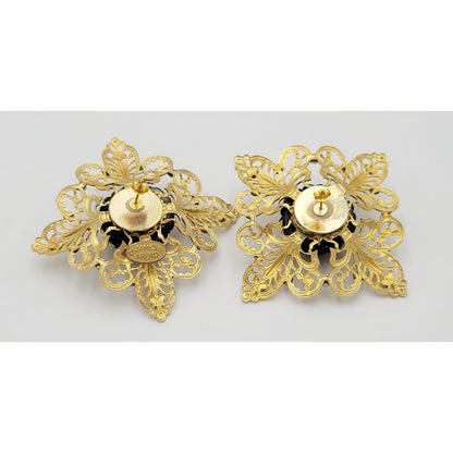 James Arpad Jewelry James Arpad France Gold &amp; Black Crystals Flower Couture Runway Earrings 1980s