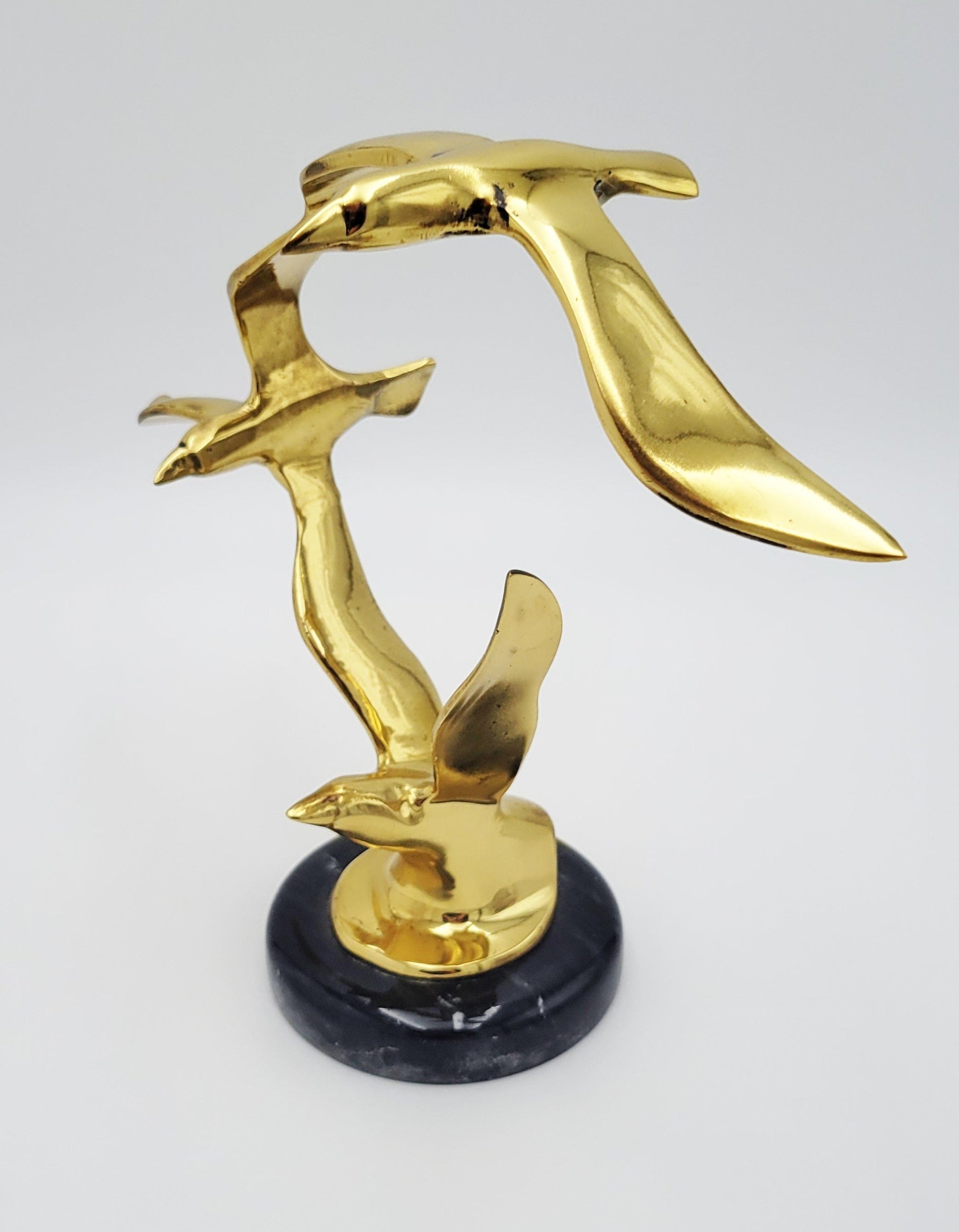 Jere Style Sculpture Sculpture Vintage Jere Style Shiny Brass Modernist Birds in Flight Sculpture Marble Base