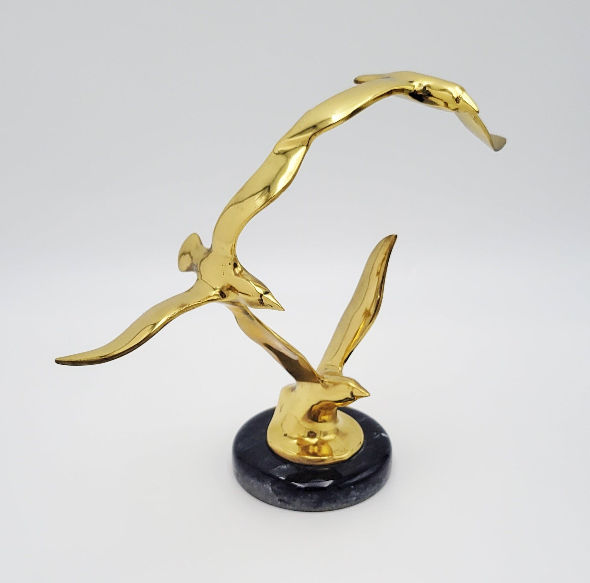 Jere Style Sculpture Sculpture Vintage Jere Style Shiny Brass Modernist Birds in Flight Sculpture Marble Base