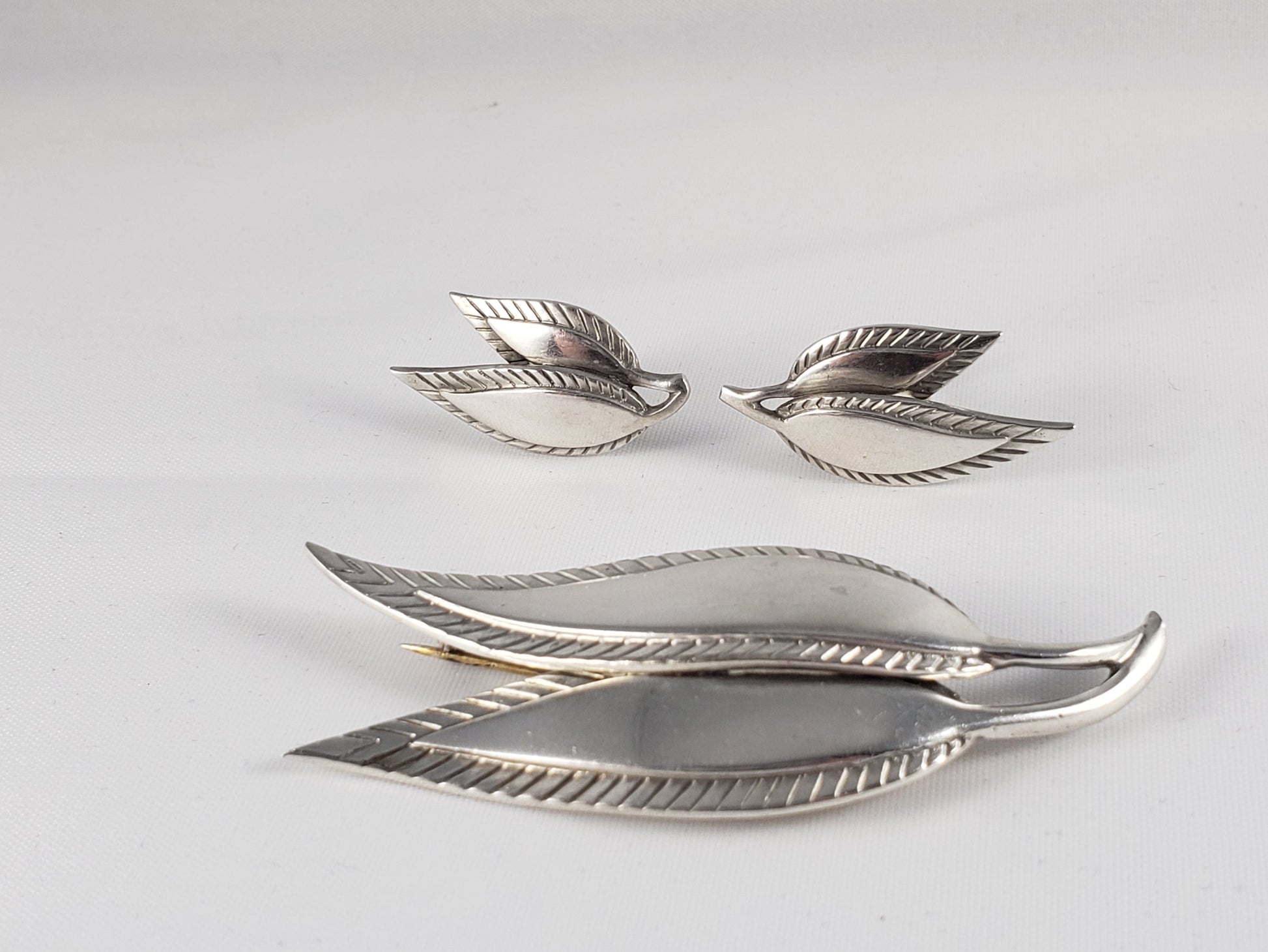 Just A Denmark Jewelry Danish Designer Just Andersen Sterling Leaves Brooch Earrings SET Circa 1930s