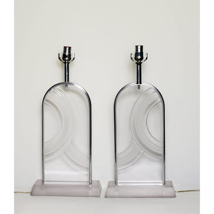 Karl Springer Lighting MCM Karl Springer Heavy Solid Lucite Carved Abstract Design Table Lamp Set