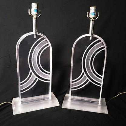 Karl Springer Lighting MCM Karl Springer Heavy Solid Lucite Carved Abstract Design Table Lamp Set