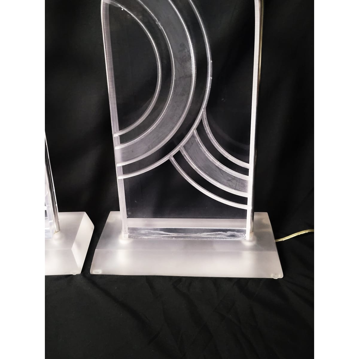 Karl Springer Lighting MCM Karl Springer Heavy Solid Lucite Carved Abstract Design Table Lamp Set