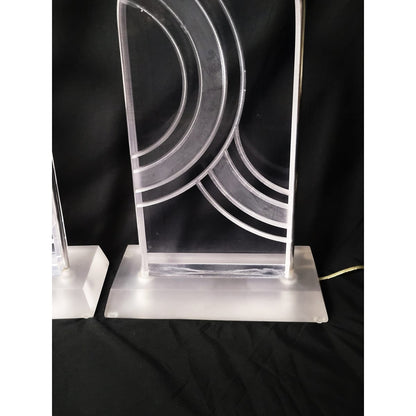 Karl Springer Lighting MCM Karl Springer Heavy Solid Lucite Carved Abstract Design Table Lamp Set