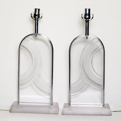 Karl Springer Lighting MCM Karl Springer Heavy Solid Lucite Carved Abstract Design Table Lamp Set
