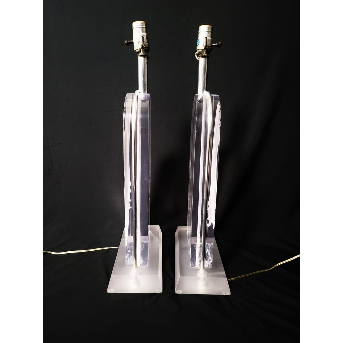 Karl Springer Lighting MCM Karl Springer Heavy Solid Lucite Carved Abstract Design Table Lamp Set