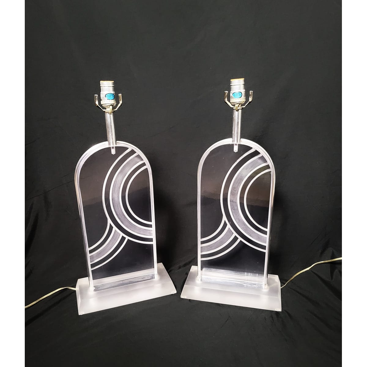 Karl Springer Lighting MCM Karl Springer Heavy Solid Lucite Carved Abstract Design Table Lamp Set