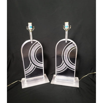 Karl Springer Lighting MCM Karl Springer Heavy Solid Lucite Carved Abstract Design Table Lamp Set