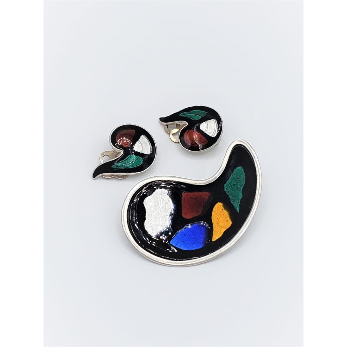 Knut Andreas Rasmussen Jewelry Knut Andreas Rasmussen Sterling Enamel Modernist Earrings Brooch RARE Set 1940s