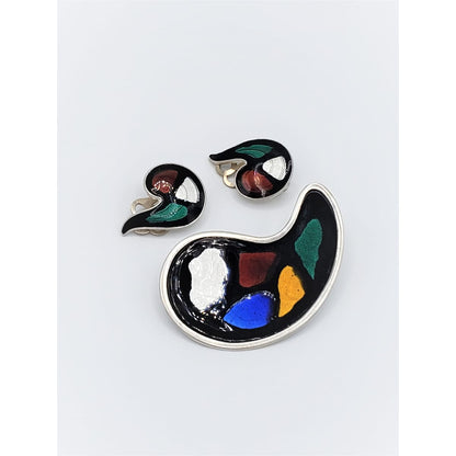 Knut Andreas Rasmussen Jewelry Knut Andreas Rasmussen Sterling Enamel Modernist Earrings Brooch RARE Set 1940s