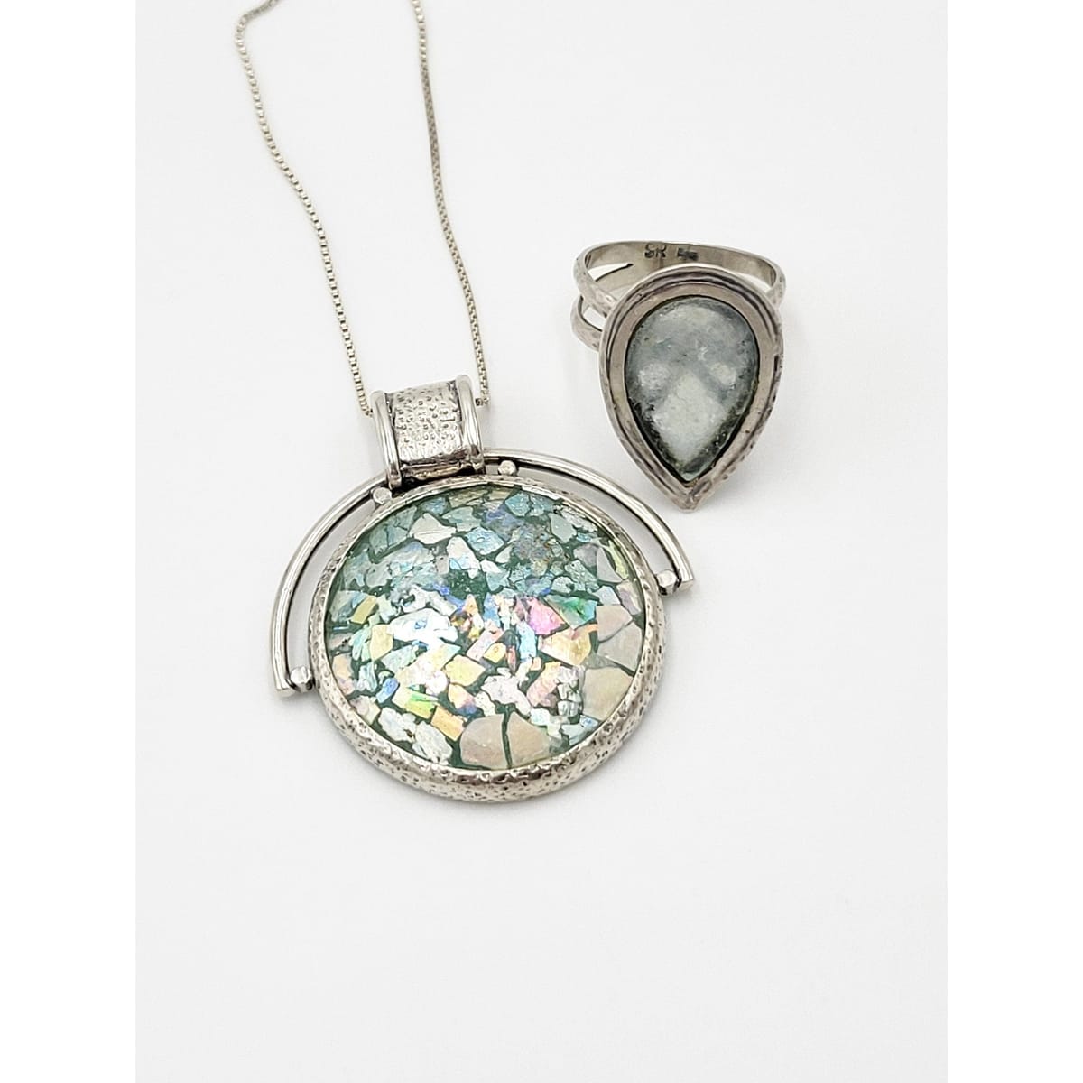 Luli Hammerstein Jewelry Luli Hammersztein Sterling Ancient Roman Glass Modernist Necklace Ring Set 1980s