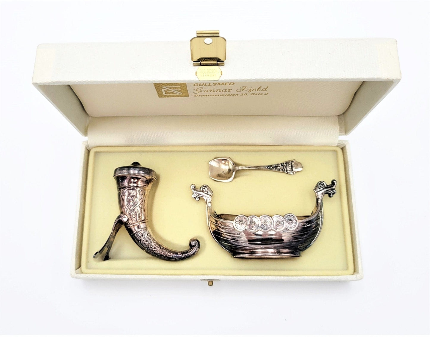 Magnus Aase Serveware RARE Magnus Aase Norway STERLING Viking Ship Salt Cellar Set in Original Box!