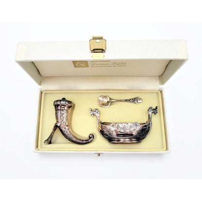 Magnus Aase Serveware RARE Magnus Aase Norway STERLING Viking Ship Salt Cellar Set in Original Box!