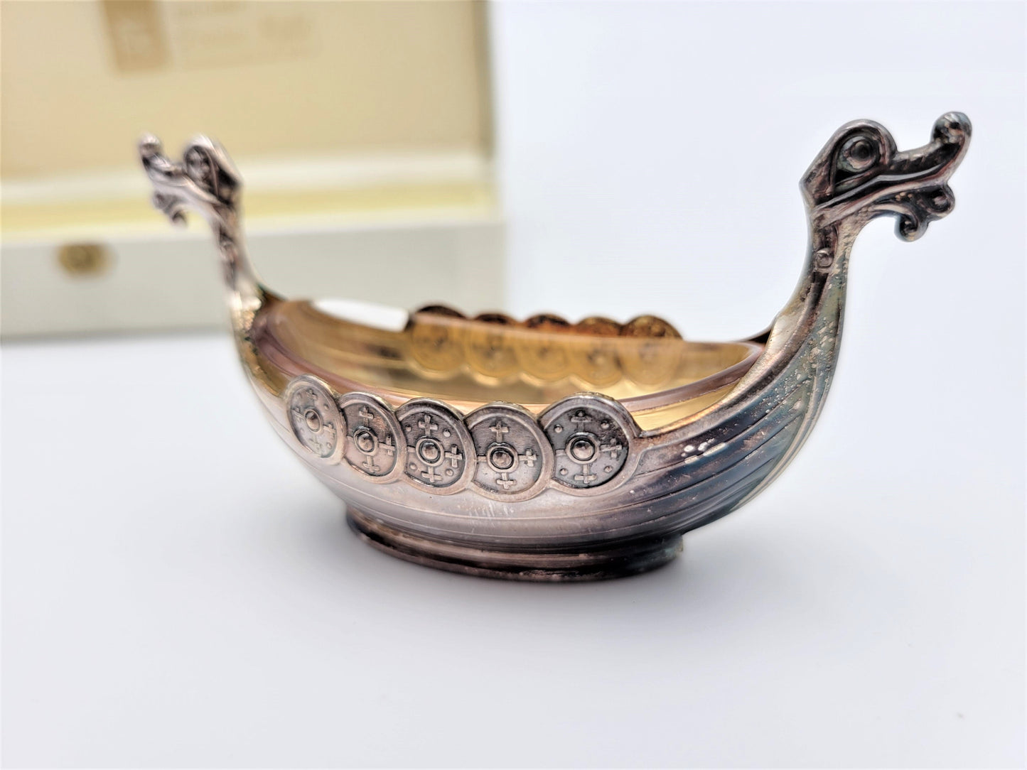 Magnus Aase Serveware RARE Magnus Aase Norway Sterling Viking Ship Salt Cellar Set IOB 1920-30s