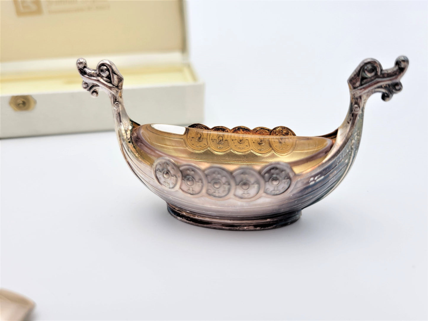 Magnus Aase Serveware RARE Magnus Aase Norway Sterling Viking Ship Salt Cellar Set IOB 1920-30s