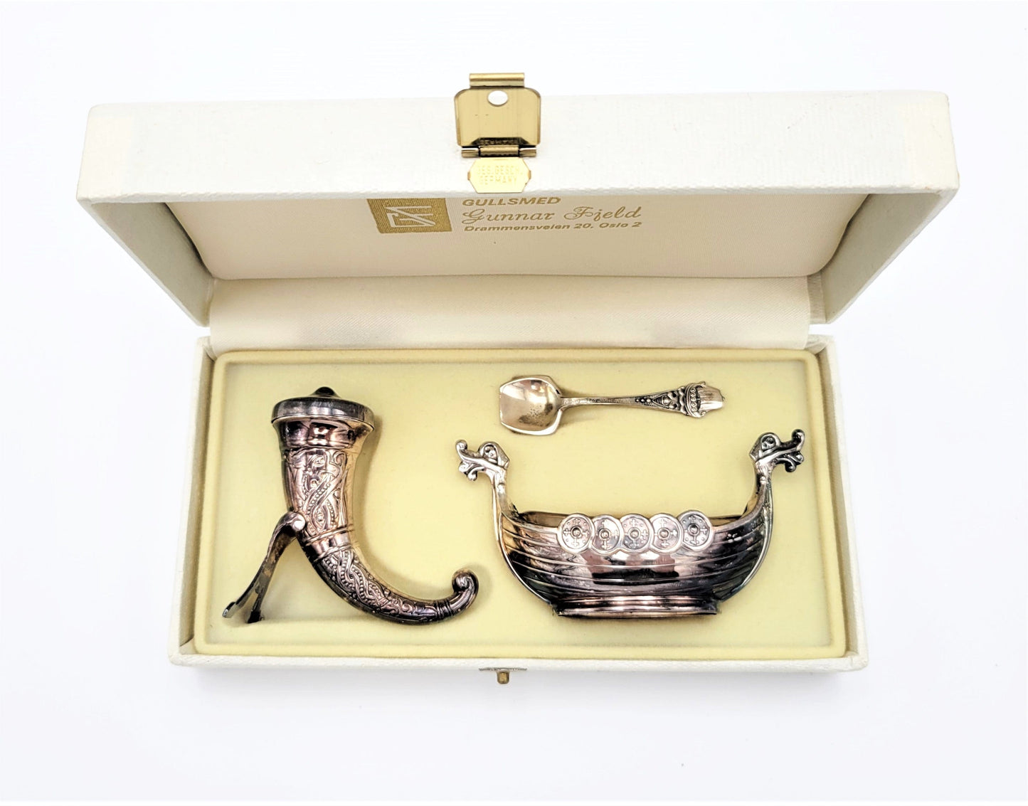 Magnus Aase Serveware RARE Magnus Aase Norway Sterling Viking Ship Salt Cellar Set IOB 1920-30s