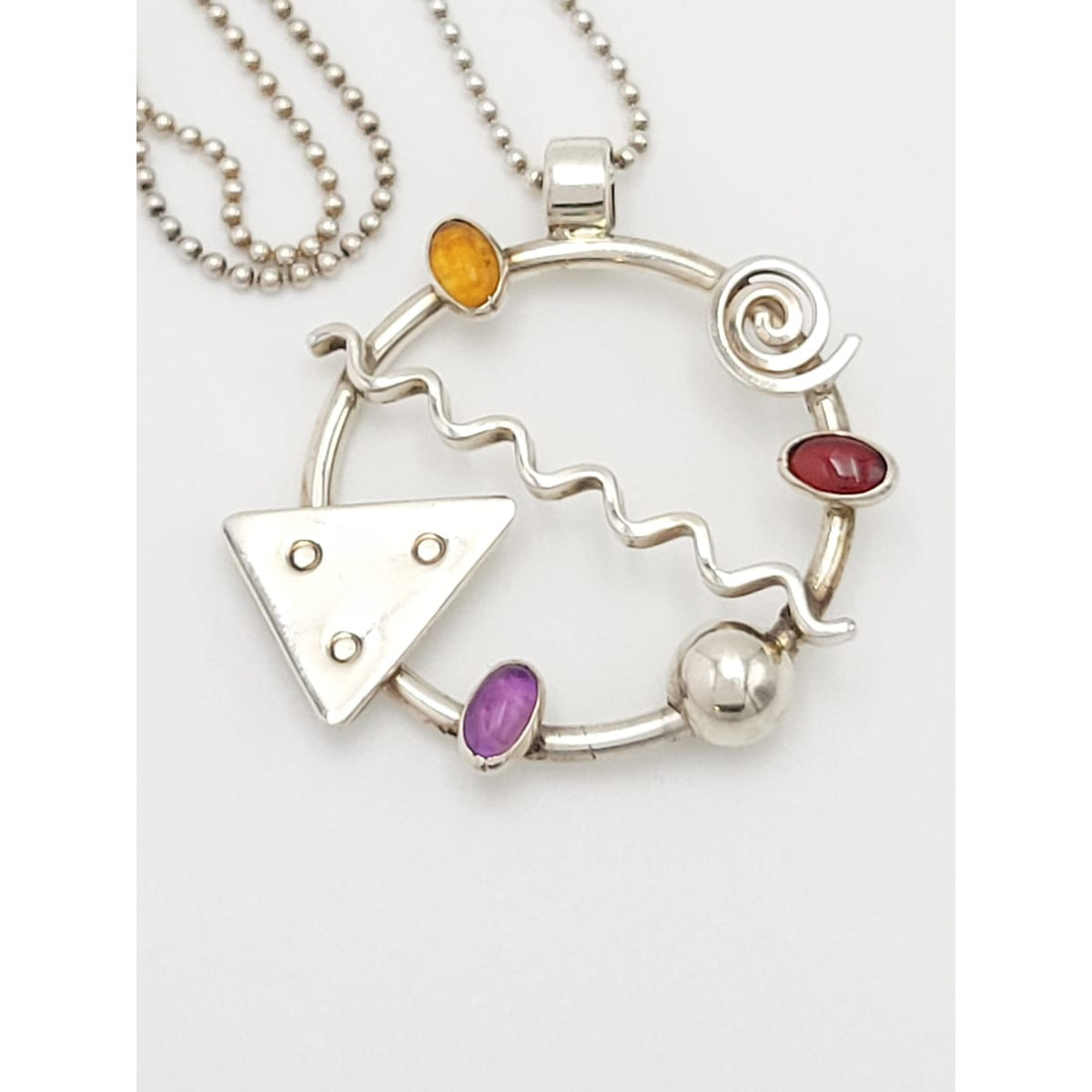 MCM Memphis Style Sterling Necklace Jewelry Artisan Signed Sterling &amp; Stones Abstract Mod 1980&