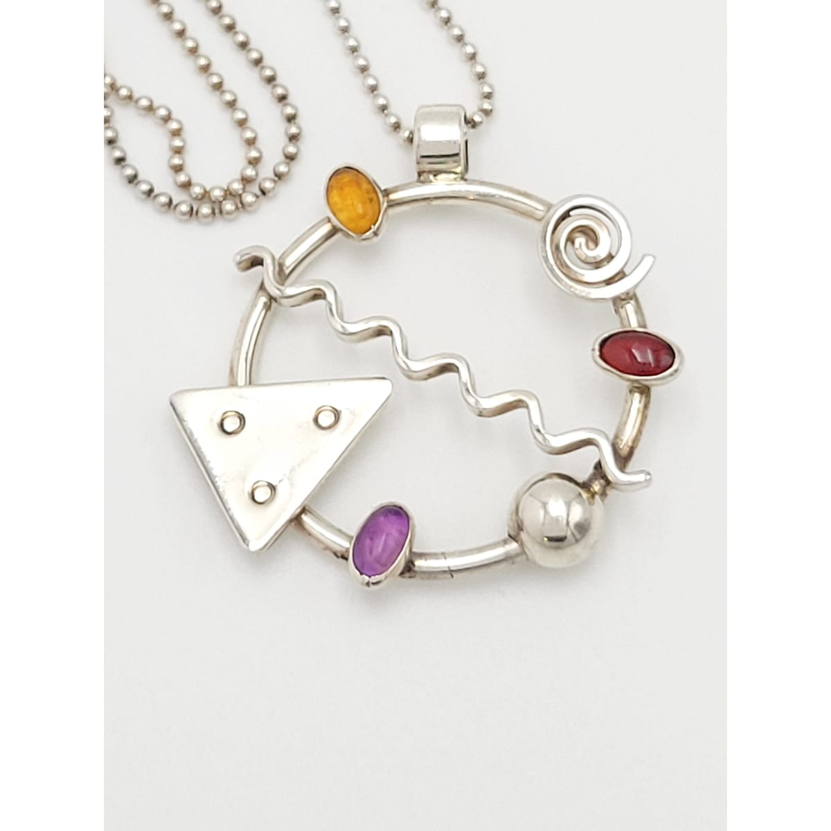 MCM Memphis Style Sterling Necklace Jewelry Artisan Signed Sterling &amp; Stones Abstract Mod 1980&