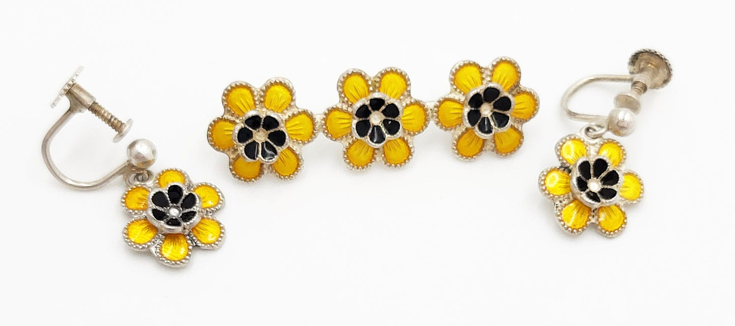 Meka Jewelry Meka Denmark Sterling Enamel BlackEyed Susan Flower Earrings Brooch Set 1950s