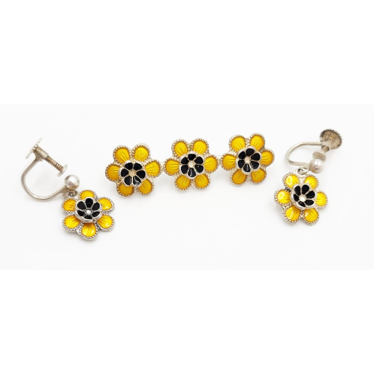 Meka Jewelry Meka Denmark Sterling Enamel BlackEyed Susan Flower Earrings Brooch Set 1950s