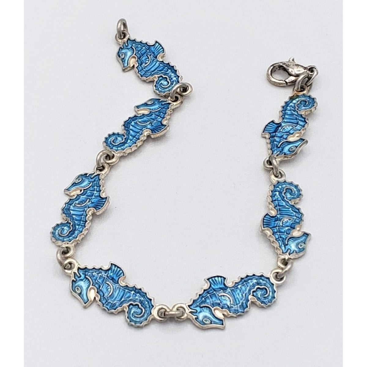 Meka Jewelry Rare Sterling Sky Blue Guilloche Enamel Meka Denmark Seahorses Bracelet 1950s