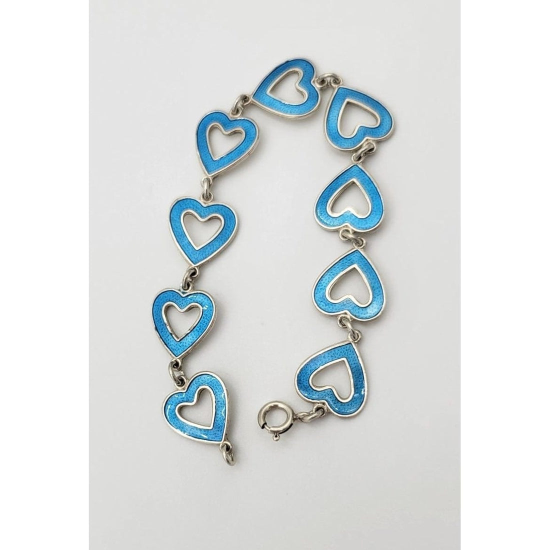 Meka Jewelry Vintage 925 Sterling Blue Guilloche Enamel Heart Links Bracelet by MEKA Denmark