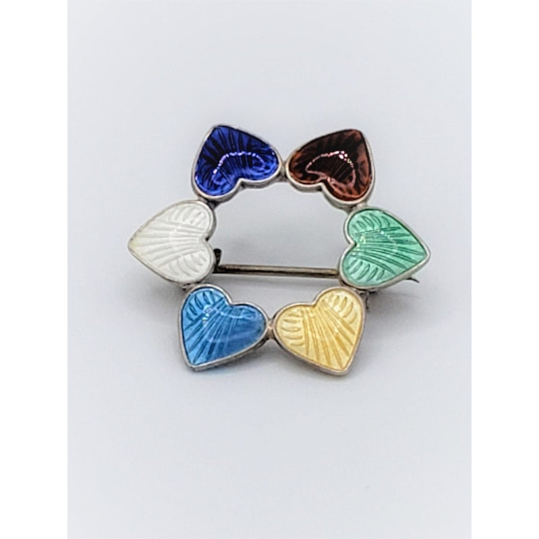 Meka Jewelry VNTG Meka Denmark Gilt 925SS Guilloche Enamel Rainbow Hearts Circle Brooch