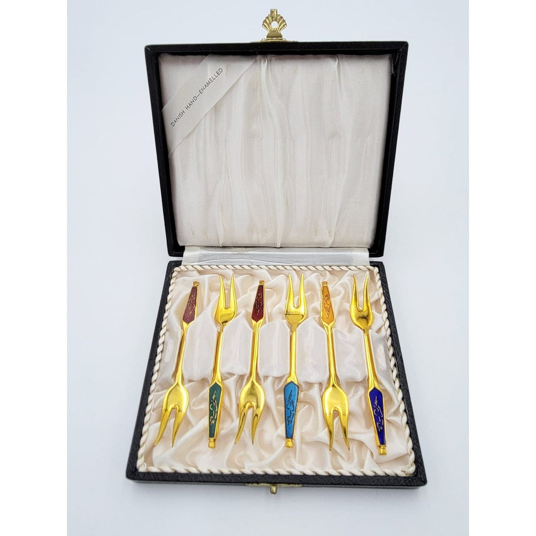 Meka Serveware Meka Denmark Sterling Enamel Demitasse Cocktail Fork Set Orig Box 50/60s