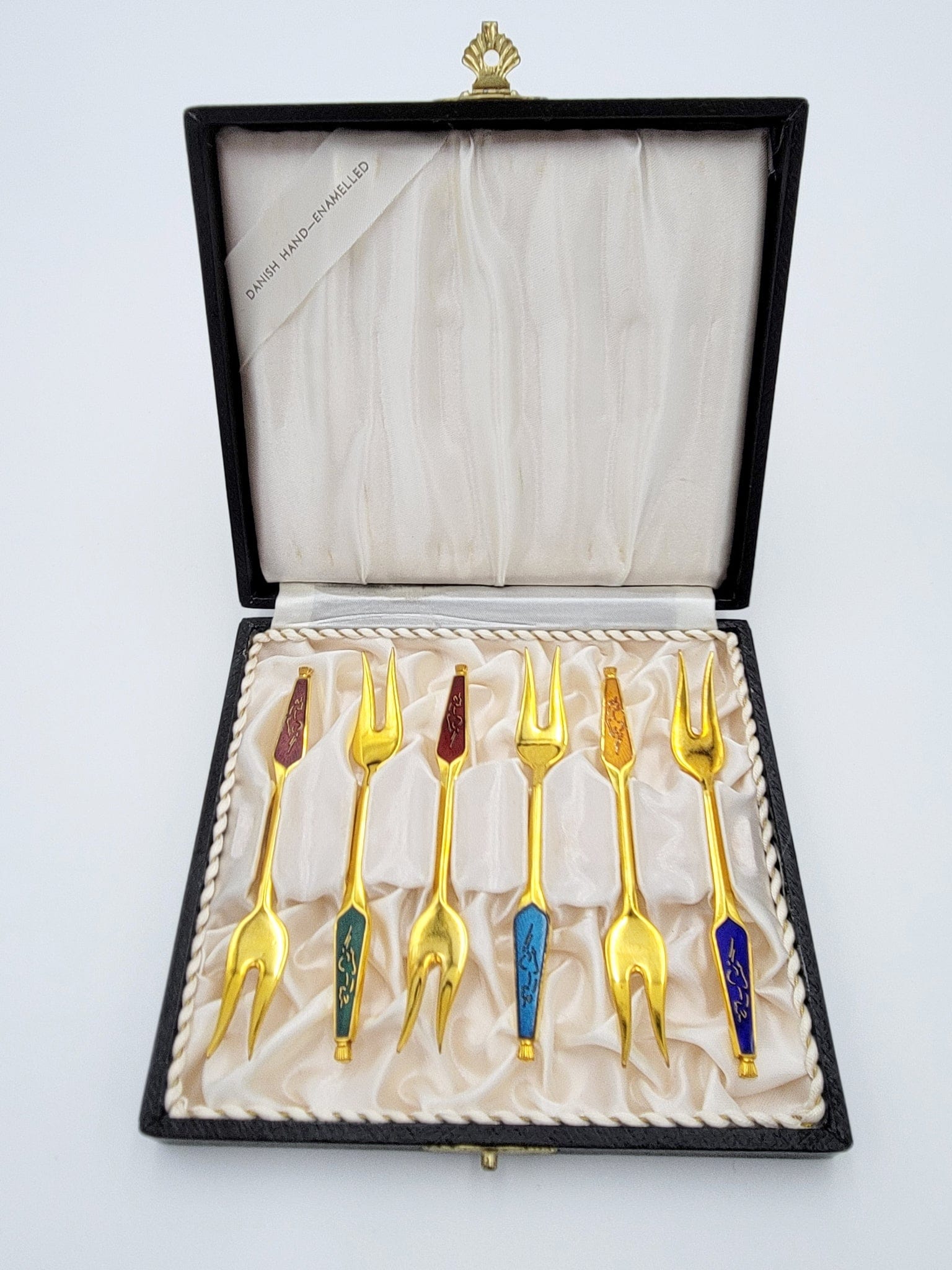 Meka Serveware Meka Denmark Sterling Enamel Demitasse Cocktail Fork Set Orig Box 50/60s