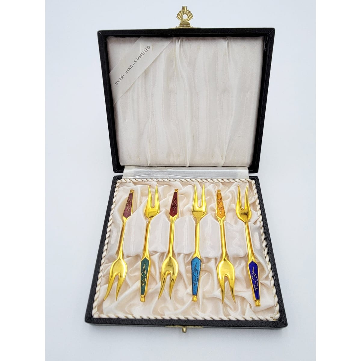 Meka Serveware Meka Denmark Sterling Enamel Demitasse Cocktail Fork Set Orig Box 50/60s