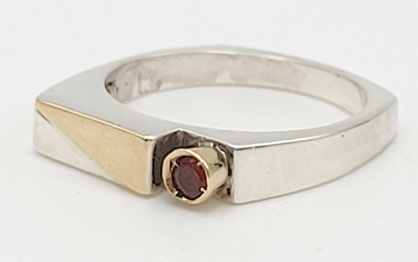 Michael Lehrman Jewelry CA Designer Michael Lehrman Sterling 14k Garnet Modernist Band Ring 1980s