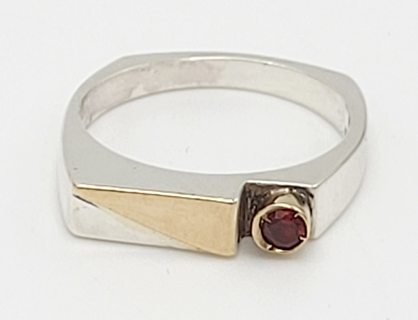 Michael Lehrman Jewelry CA Designer Michael Lehrman Sterling 14k Garnet Modernist Band Ring 1980s