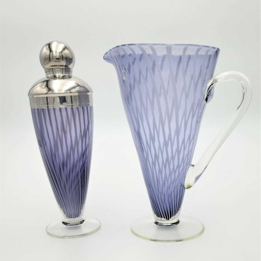 Murano Italy Barware Vintage Designer Italian Striped Murano Glass Cocktail Shaker and Pitcher Set
