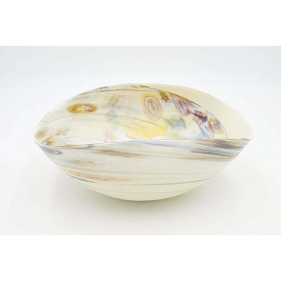 Murano Italy Centerpiece Decorative Bowl Italian Murano Glass Millefiori Cream Colored Curled Edge Décor Bowl C. 1990s