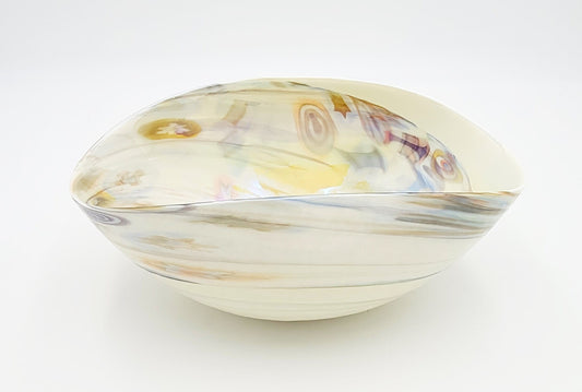 Murano Italy Centerpiece Decorative Bowl Italian Murano Glass Millefiori Cream Colored Curled Edge Décor Bowl C. 1990s