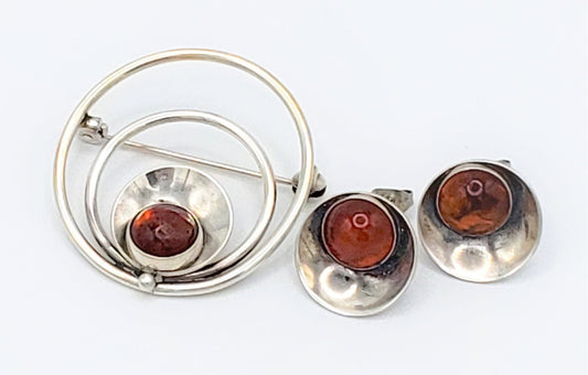 Niels Erik From Jewelry Danish NE From Chalcedony Sterling Modernist Brooch & Earring SET 1940s/50s