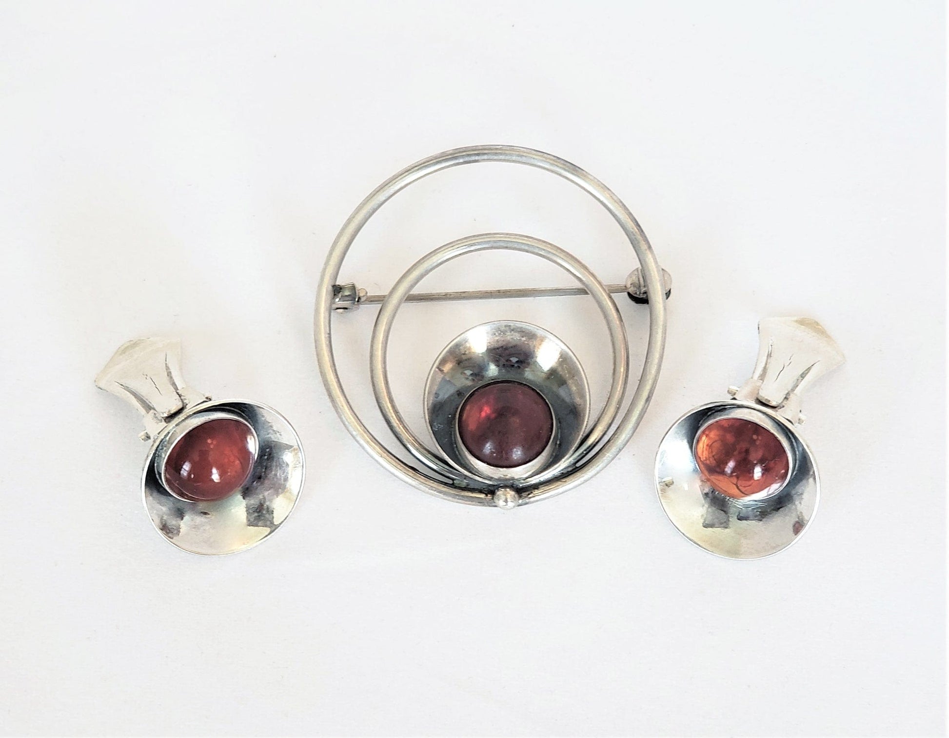 Niels Erik From Jewelry Danish NE From Chalcedony Sterling Modernist Brooch & Earring SET 1940s/50s