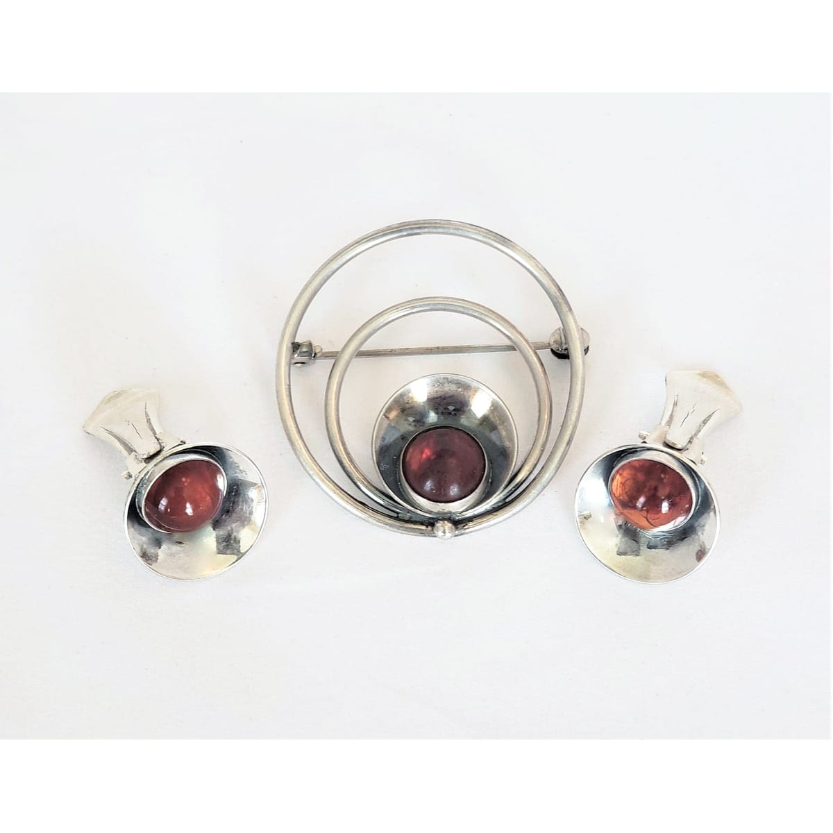 Niels Erik From Jewelry Danish NE From Chalcedony Sterling Modernist Brooch &amp; Earring SET 1940s/50s