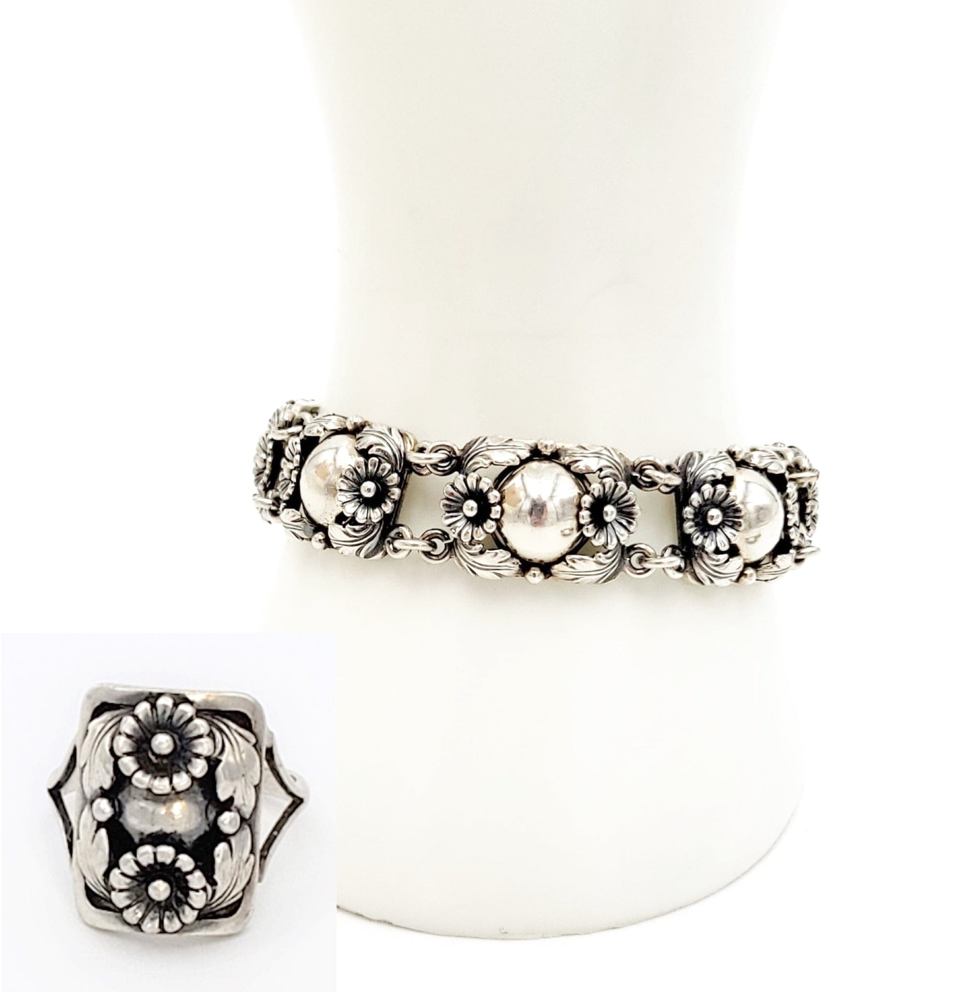 Niels Erik From Jewelry Designer Niels Erik From Denmark Sterling Silver Floral Bracelet Ring SET 1950s