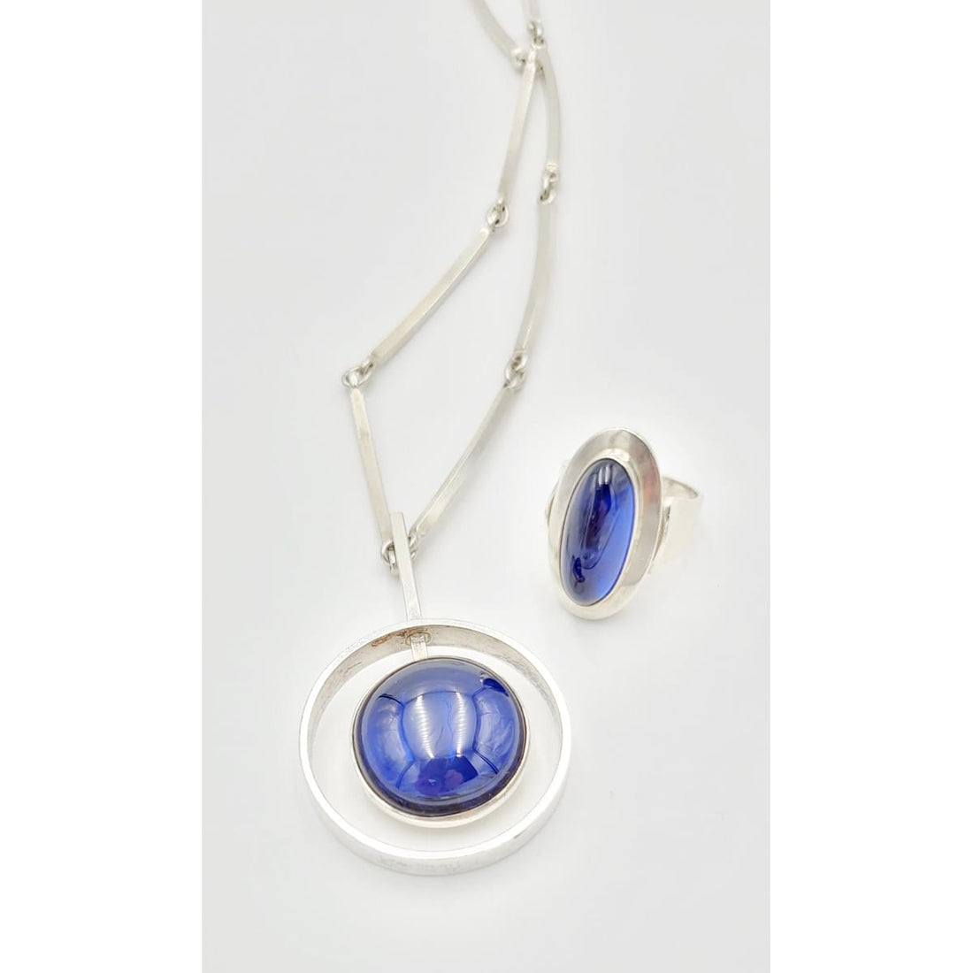 Niels Erik From Jewelry Superb Danish NE From Sterling Blue Cab Modernist Necklace Ring Set 60&