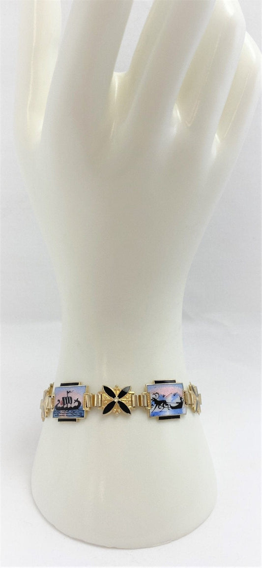 Norne Jewelry Vintage NORNE Norway 925SS Enamel Laplander Norwegian Storyteller Panel Bracelet