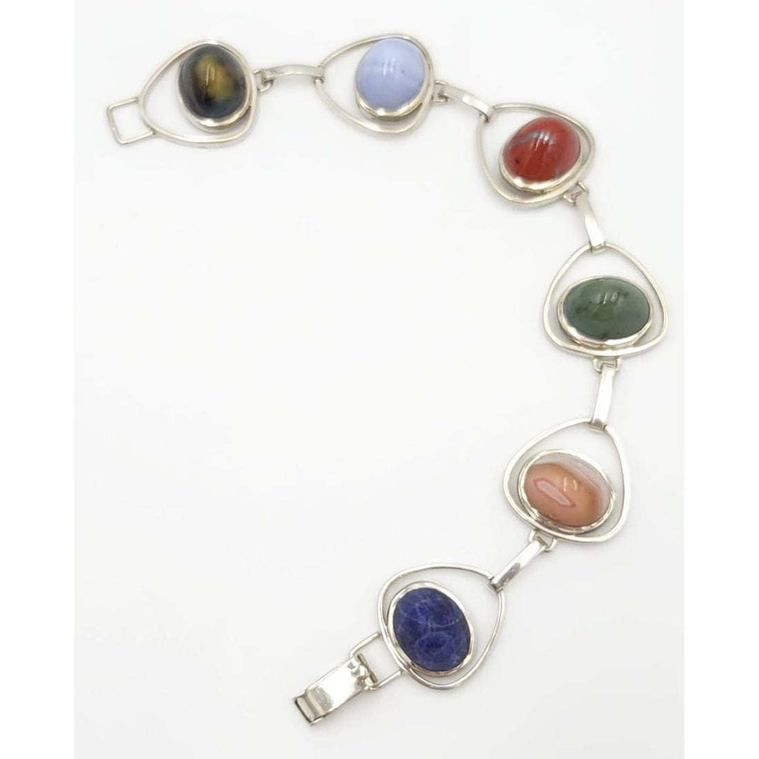 NWL Sterling Jewelry MCM Retro Atomic Sterling &amp; Multi Stone 3-D Links Bracelet ﻿Circa 1950s Signed