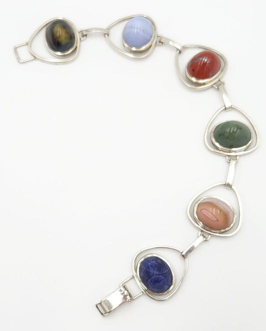 NWL Sterling Jewelry MCM Retro Atomic Sterling & Multi Stone 3-D Links Bracelet ﻿Circa 1950s Signed