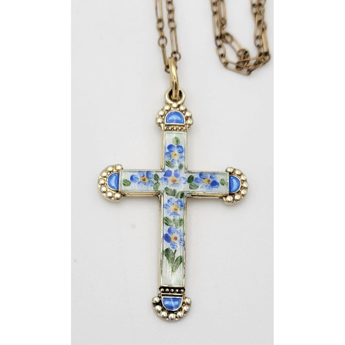 OPRO Jewelry OPRO Norway Sterling &amp; Guilloche Enameled Floral Cross Necklace Circa 1940s