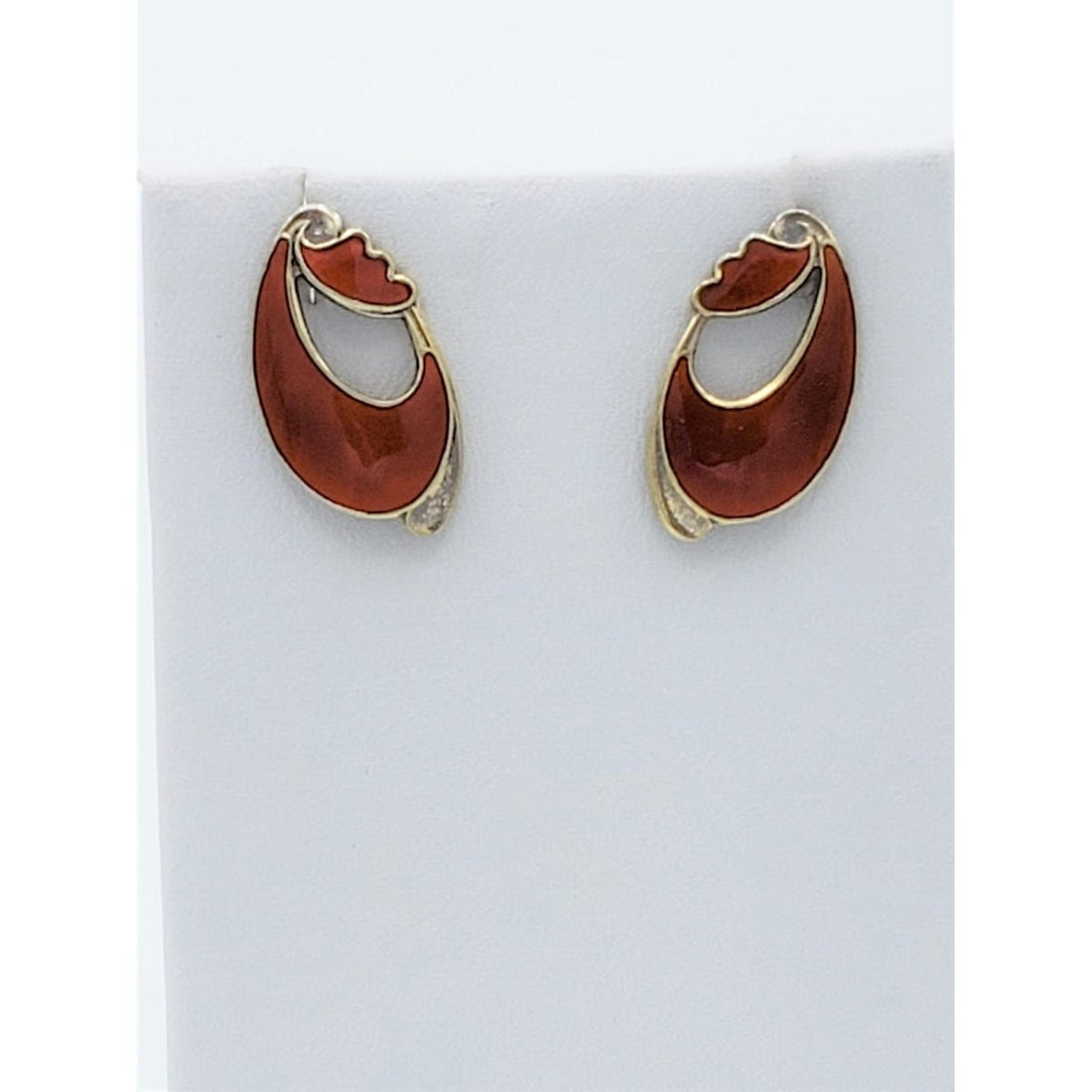 OPRO Jewelry Vntg OPRO Norway Gilt 925 Sterling &amp; Red Guilloche Enameled PIERCED Earrings