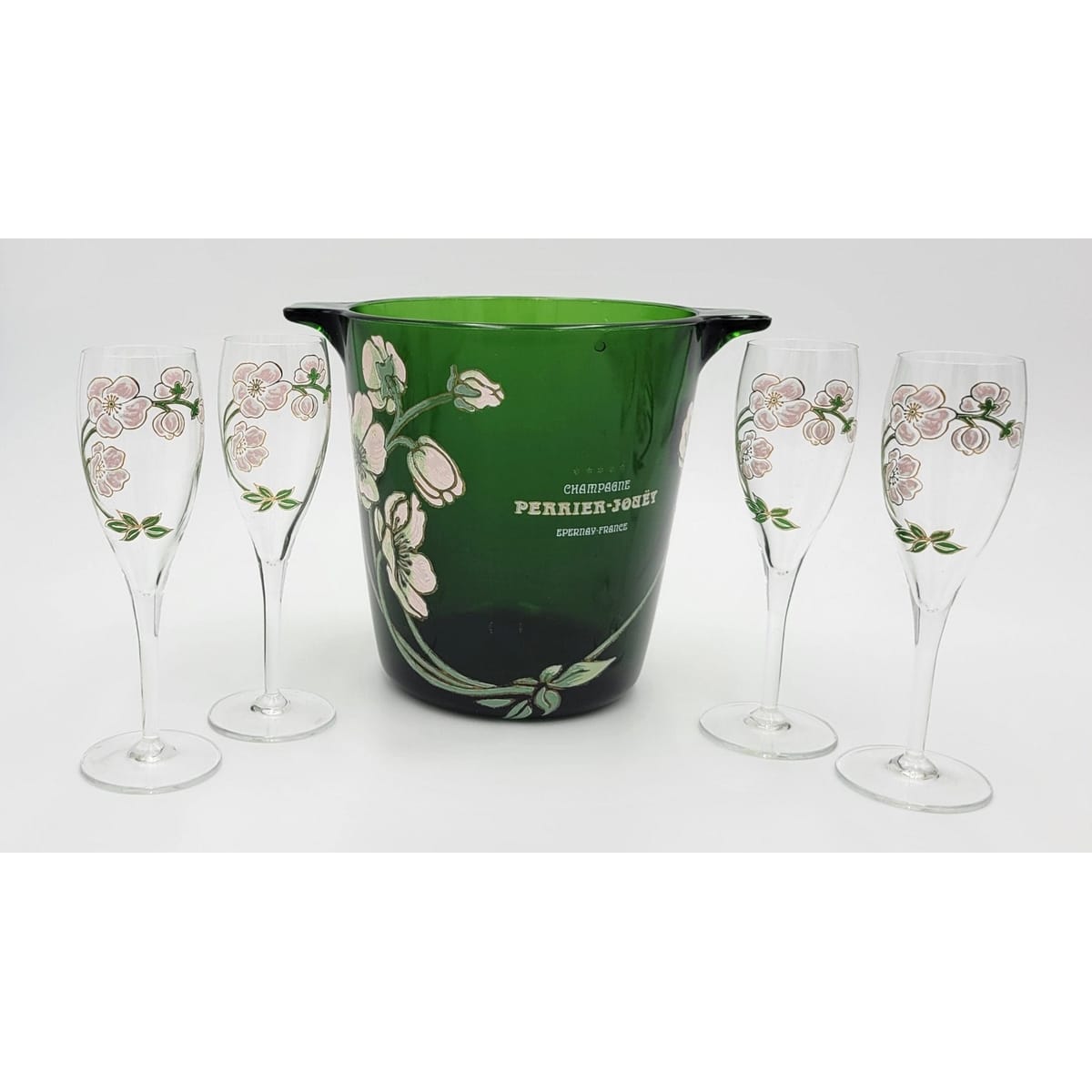 Perrier Jouet France Barware Perrier Jouet France Blown Glass Hand-Painted Champagne Chiller &amp; Flute Set 1960s